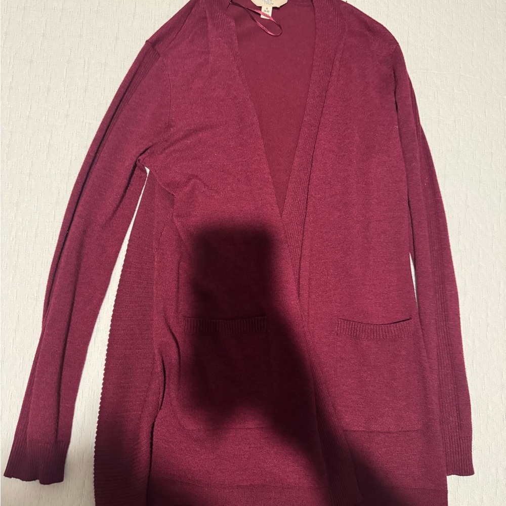 Time and Tru Burgundy Open-Front Long Cardigan